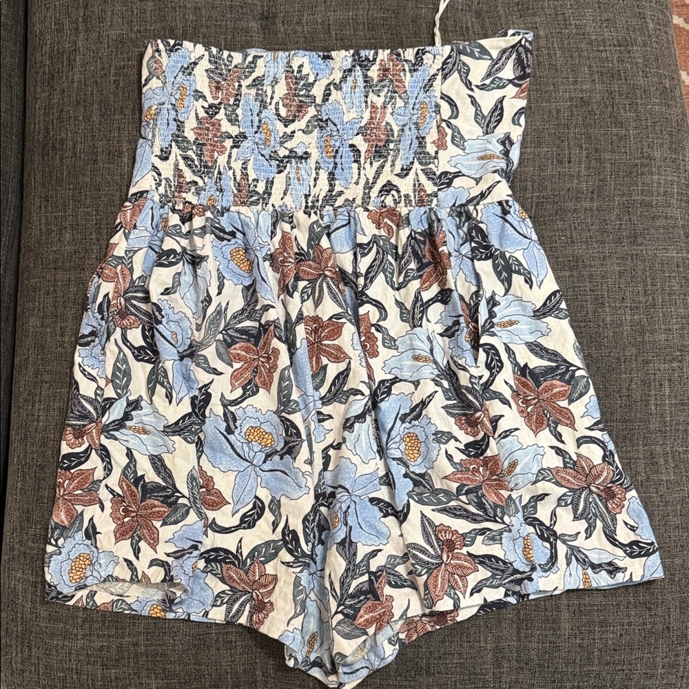 Old Navy Linen Blend Floral Halter Romper Blue Cottagecore Summer - Picture 3 of 5